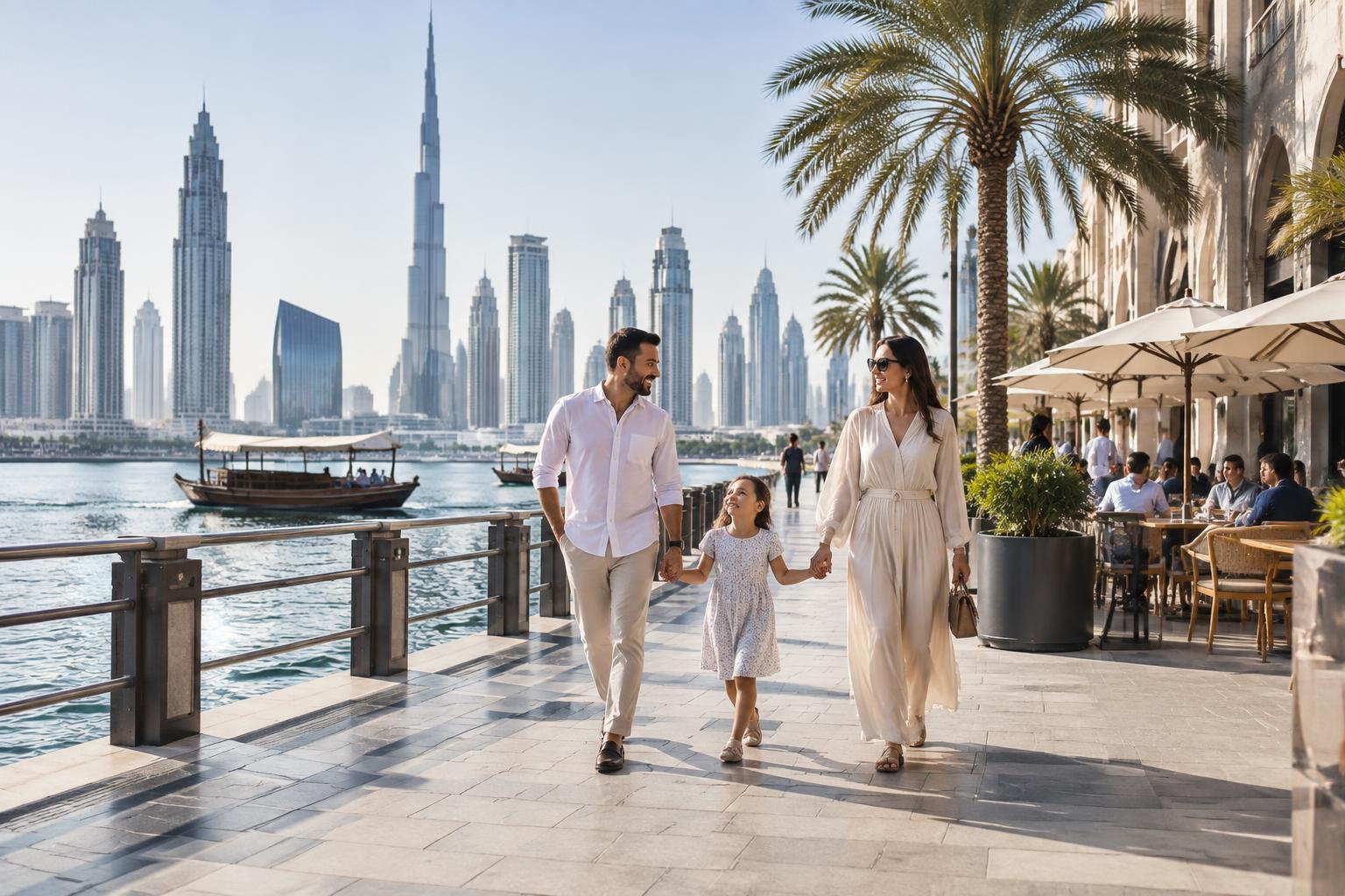 A family enjoying a bright Dubai waterfront promenade