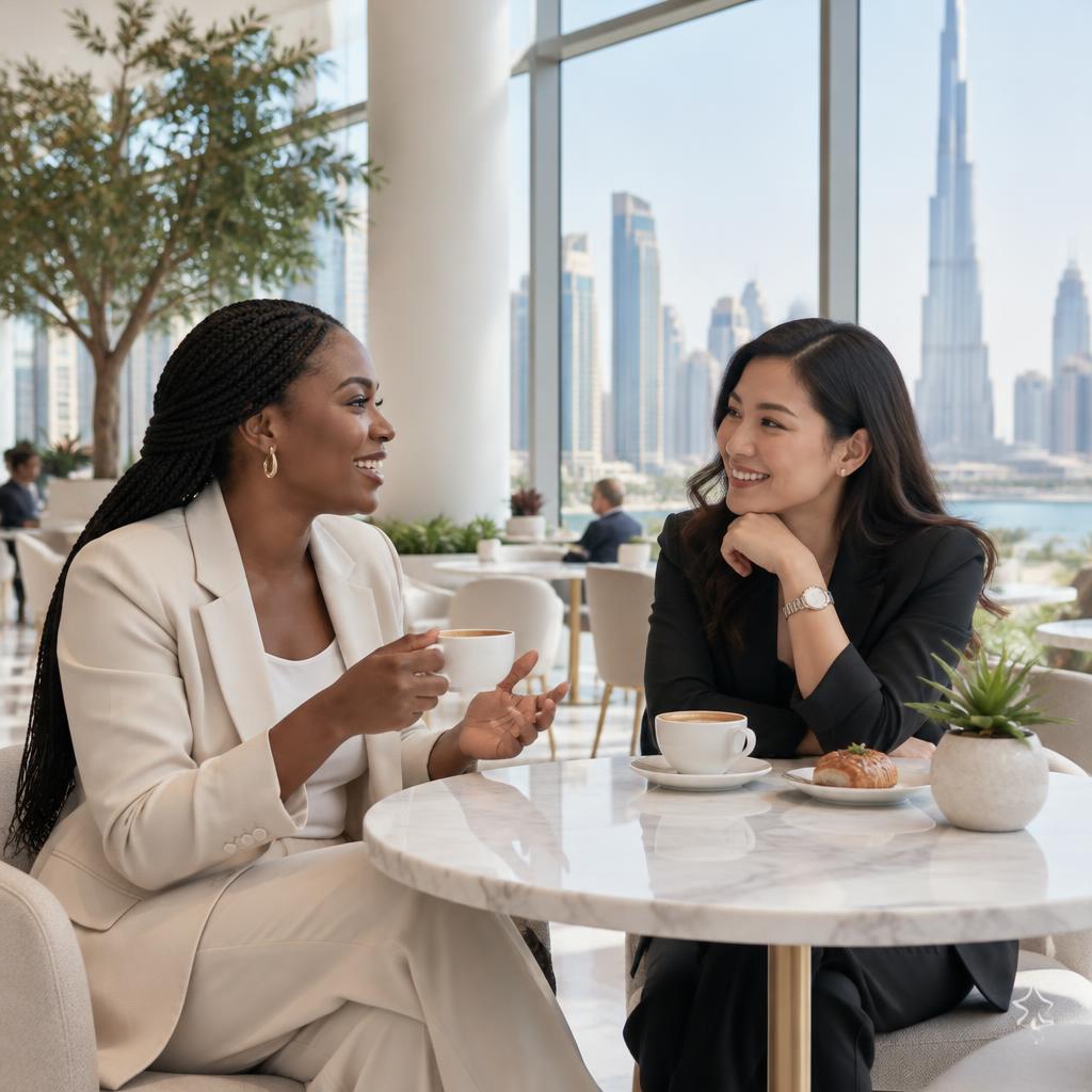 Two professional women sharing a conversation over coffee